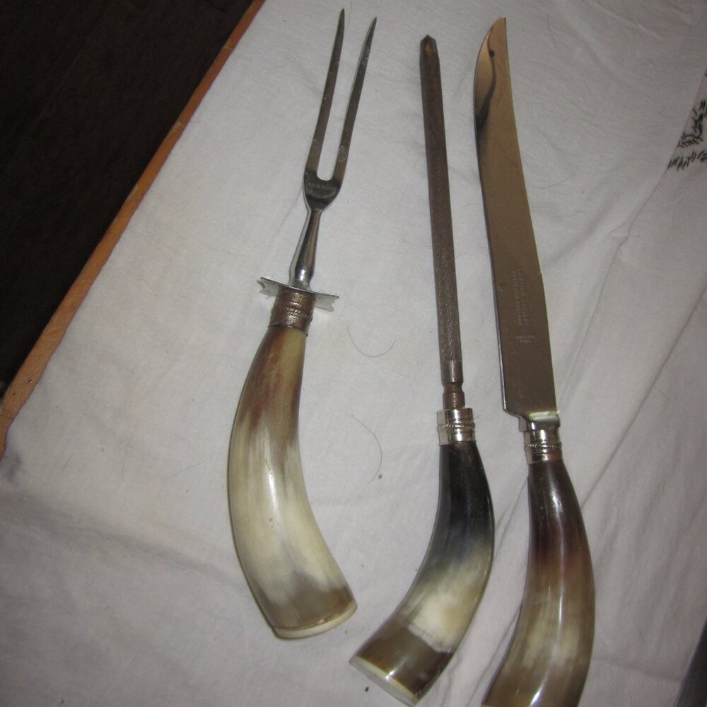 vtg 3 pc carving set sheffield england Lifetime cutlery stainless horn handles